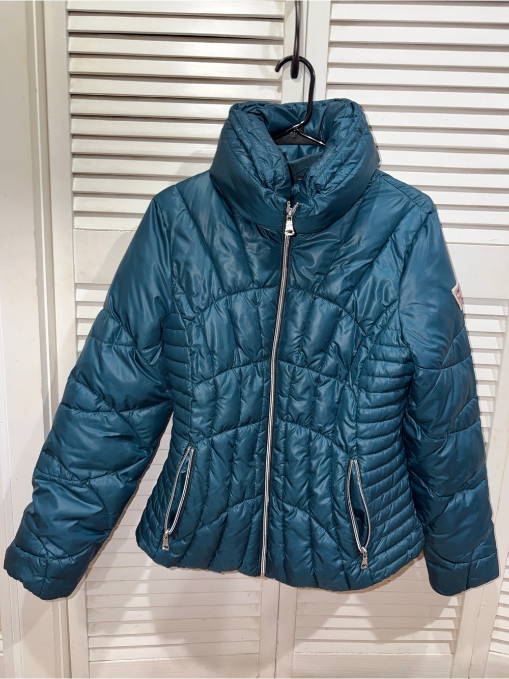 Guess Teal Quilted Puffer Jacket with High Collar